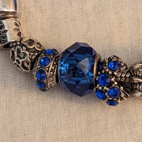 Charm Bracelet With Blue Crystal Beads in Silver Tone Metal with Safety Chain - Picture 10 of 13